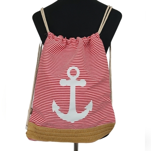 Trïbe Canvas & Rattan Nautical Red & White Striped Drawstring Backpack … - Picture 1 of 6